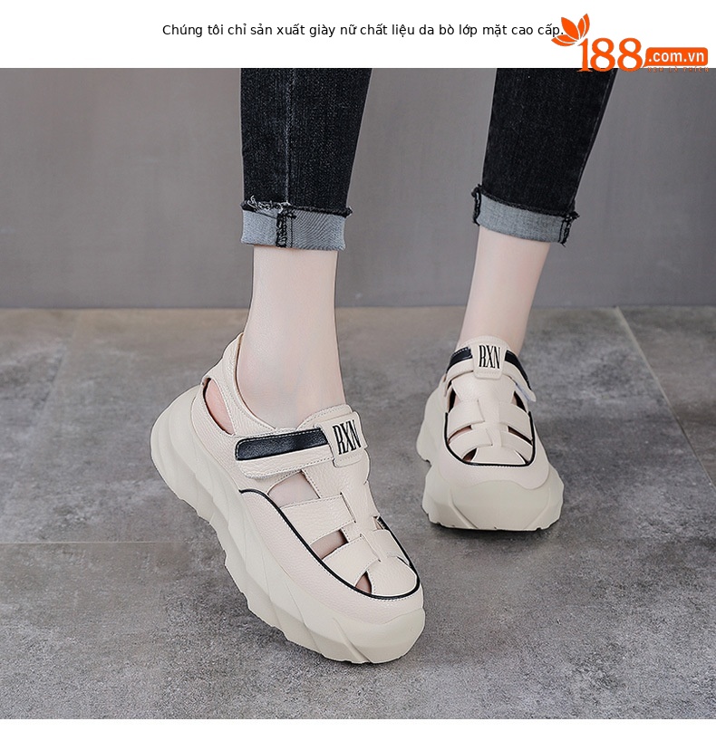 Sandal nữ da bò đế dày thoáng khí tăng chiều cao — Màu đen chi tiết 2
