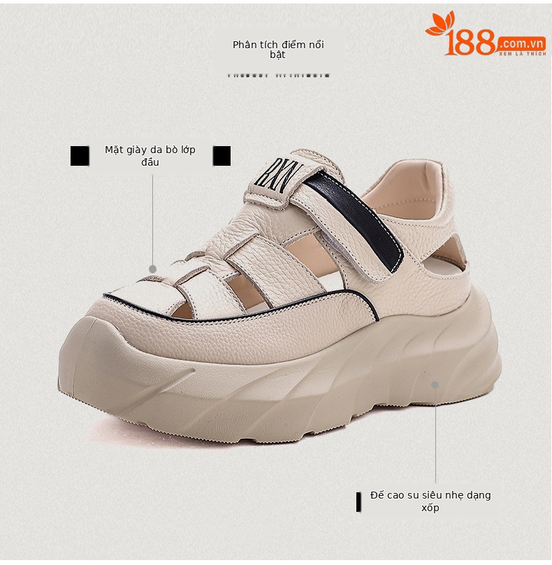 Sandal nữ da bò đế dày thoáng khí tăng chiều cao — Màu đen chi tiết 3