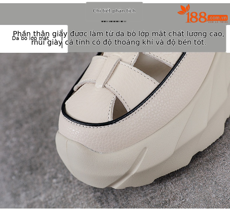 Sandal nữ da bò đế dày thoáng khí tăng chiều cao — Màu đen chi tiết 4