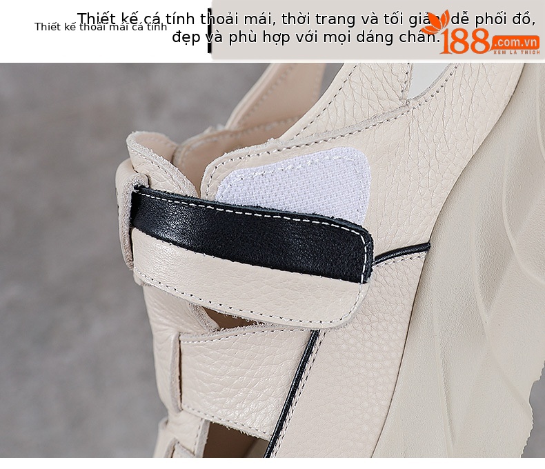 Sandal nữ da bò đế dày thoáng khí tăng chiều cao — Màu đen chi tiết 5