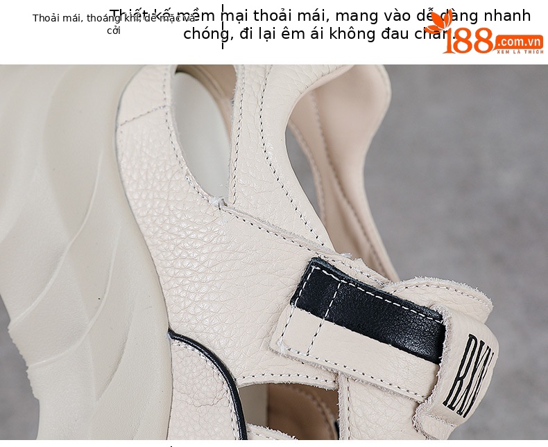 Sandal nữ da bò đế dày thoáng khí tăng chiều cao — Màu đen chi tiết 6