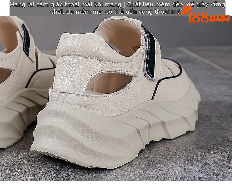 Sandal nữ da bò đế dày thoáng khí tăng chiều cao — Màu đen chi tiết 8