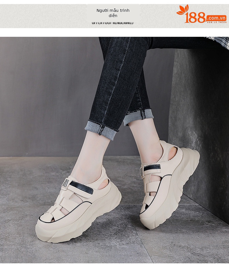 Sandal nữ da bò đế dày thoáng khí tăng chiều cao — Màu đen chi tiết 9