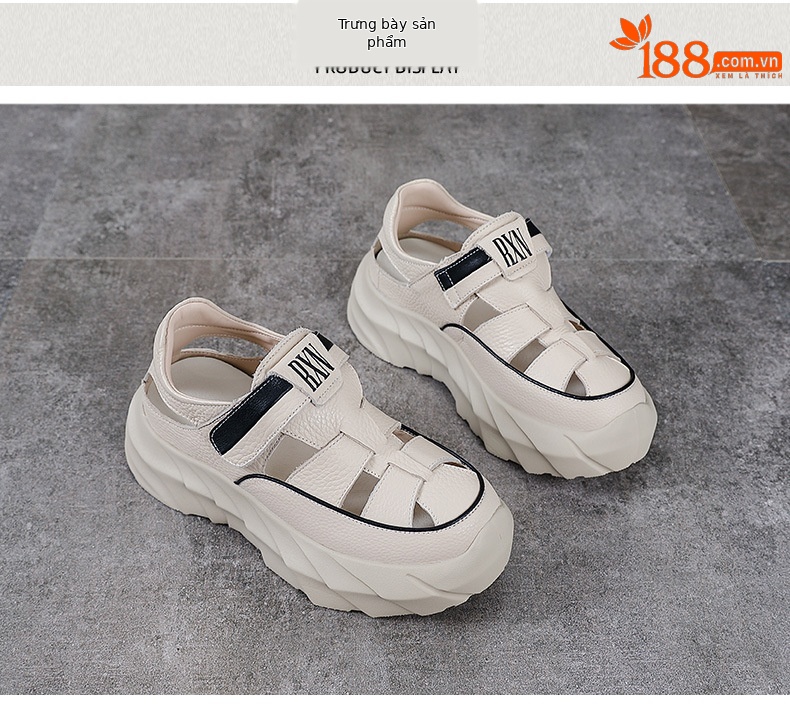 Sandal nữ da bò đế dày thoáng khí tăng chiều cao — Màu đen chi tiết 10