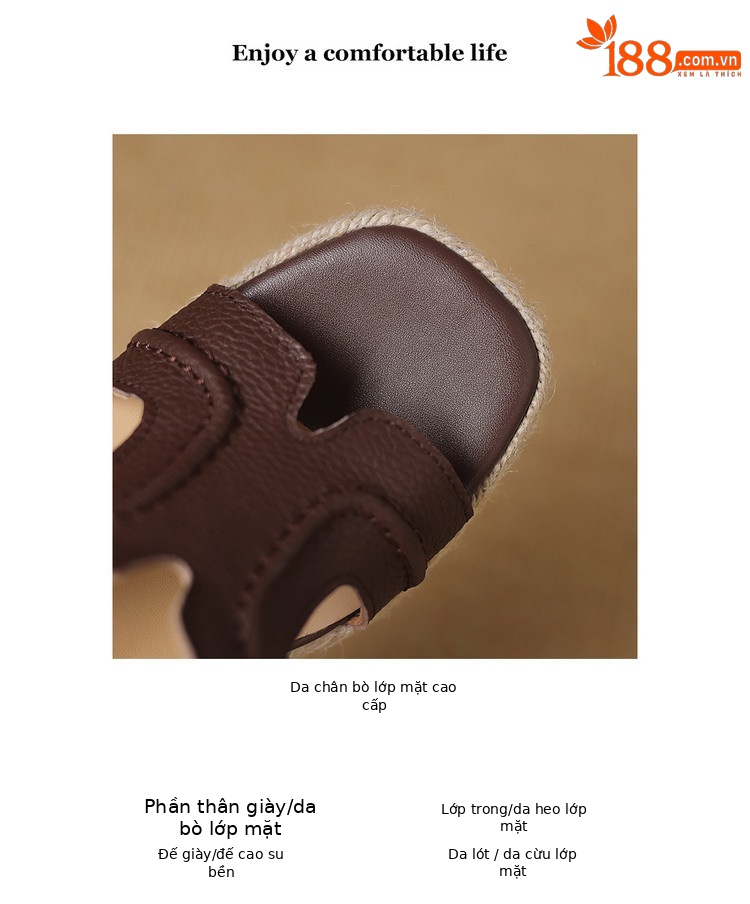 Dép sandal nữ quai chữ V đế cói tăng chiều cao mũi vuông — nâu, màu be, bạc chi tiết 3