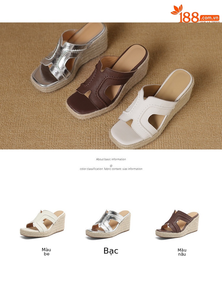 Dép sandal nữ quai chữ V đế cói tăng chiều cao mũi vuông — nâu, màu be, bạc chi tiết 5