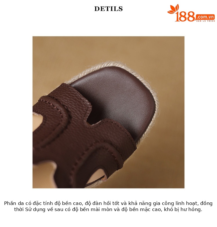 Dép sandal nữ quai chữ V đế cói tăng chiều cao mũi vuông — nâu, màu be, bạc chi tiết 6