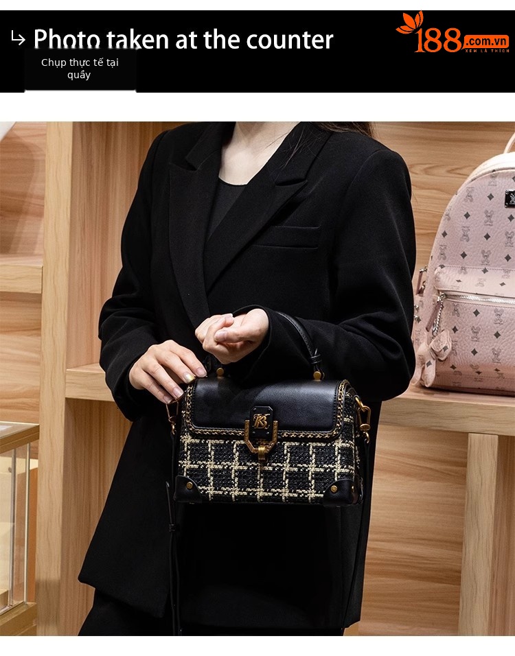 Túi xách tay da thật họa tiết houndstooth cổ điển phong cách Chanel, quai đeo chéo — Màu đen chi tiết 1