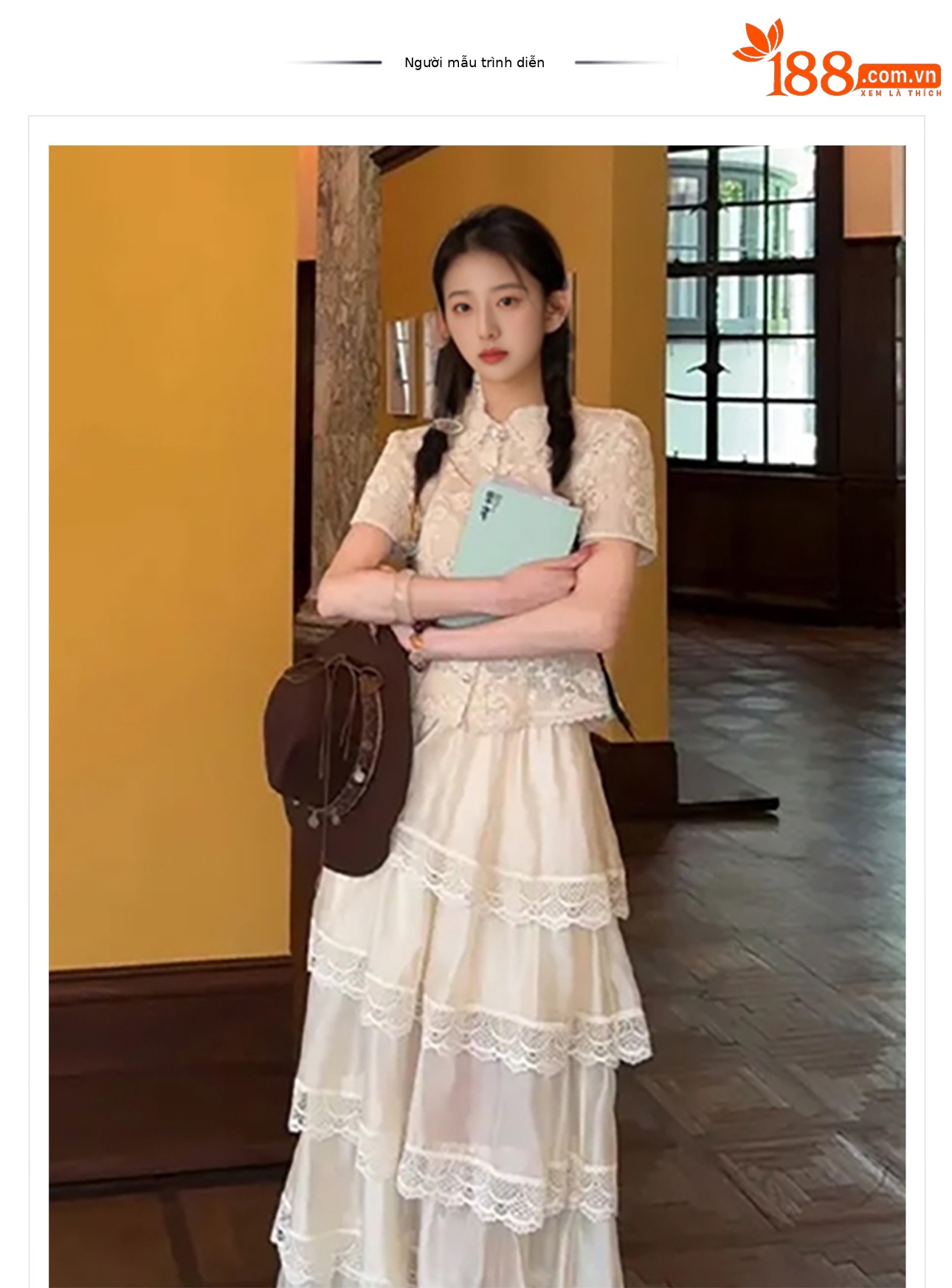 Bộ áo sơ mi lưới ôm eo phong cách retro kết hợp chân váy phồng mùa hè ZX N5034 — Áo, Váy nửa màu mơ chi tiết 1