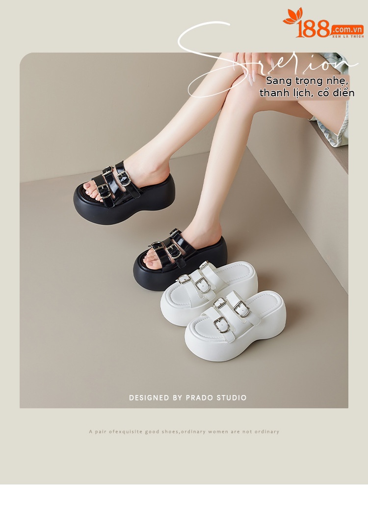 Dép sandal nữ quai chữ V đế dày 8cm, khóa thắt lưng, phong cách thời trang đi biển mùa hè — Màu đen, Màu trắng chi tiết 1