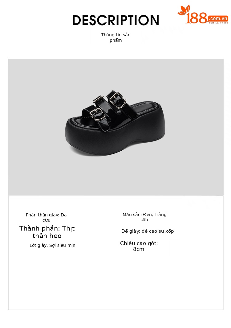 Dép sandal nữ quai chữ V đế dày 8cm, khóa thắt lưng, phong cách thời trang đi biển mùa hè — Màu đen, Màu trắng chi tiết 2