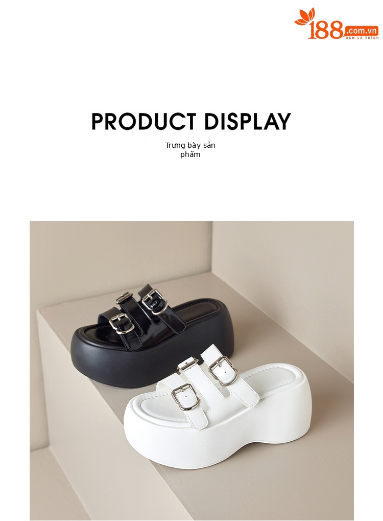 Dép sandal nữ quai chữ V đế dày 8cm, khóa thắt lưng, phong cách thời trang đi biển mùa hè — Màu đen, Màu trắng chi tiết 18