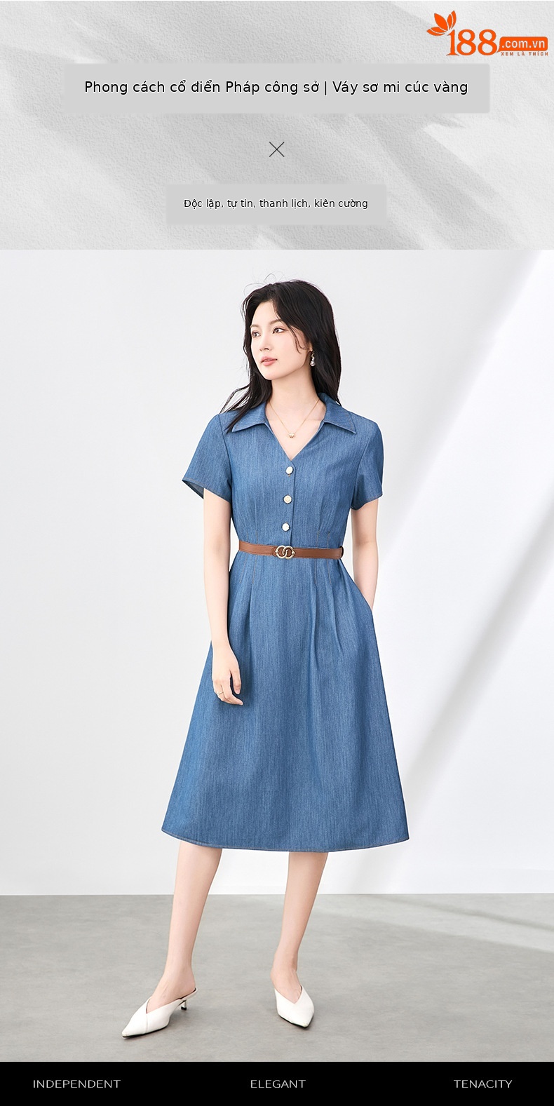 Váy liền denim sơ mi kiểu Pháp thắt eo thanh lịch — Màu xanh lam nhạt chi tiết 1