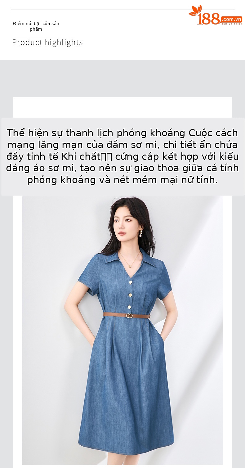 Váy liền denim sơ mi kiểu Pháp thắt eo thanh lịch — Màu xanh lam nhạt chi tiết 4