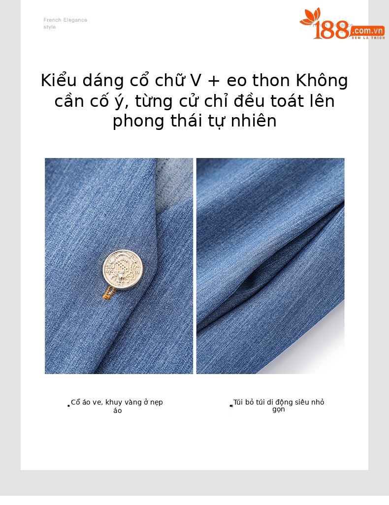 Váy liền denim sơ mi kiểu Pháp thắt eo thanh lịch — Màu xanh lam nhạt chi tiết 5