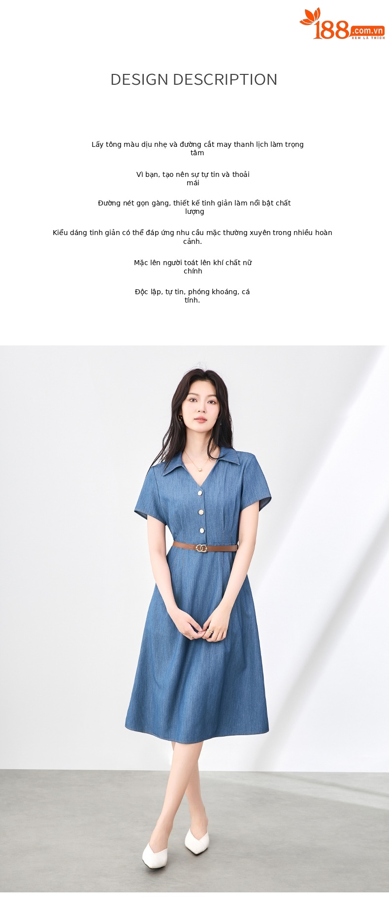 Váy liền denim sơ mi kiểu Pháp thắt eo thanh lịch — Màu xanh lam nhạt chi tiết 2