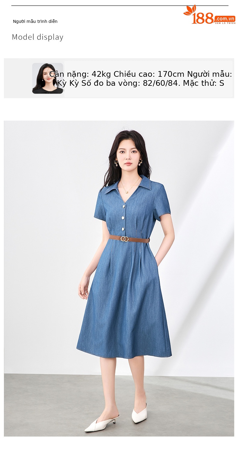 Váy liền denim sơ mi kiểu Pháp thắt eo thanh lịch — Màu xanh lam nhạt chi tiết 6