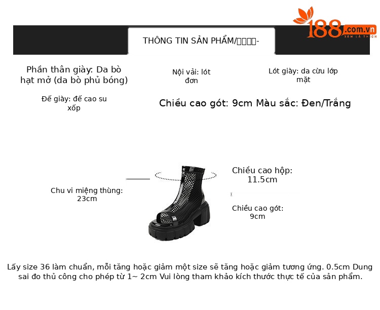 Giày boot lưới da thật mùa hè 2026 cổ thấp, gót thô 9 cm, đế tăng chiều cao, thoáng khí, hở mũi — đen, trắng chi tiết 2