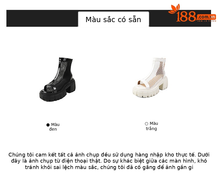 Giày boot lưới da thật mùa hè 2026 cổ thấp, gót thô 9 cm, đế tăng chiều cao, thoáng khí, hở mũi — đen, trắng chi tiết 3