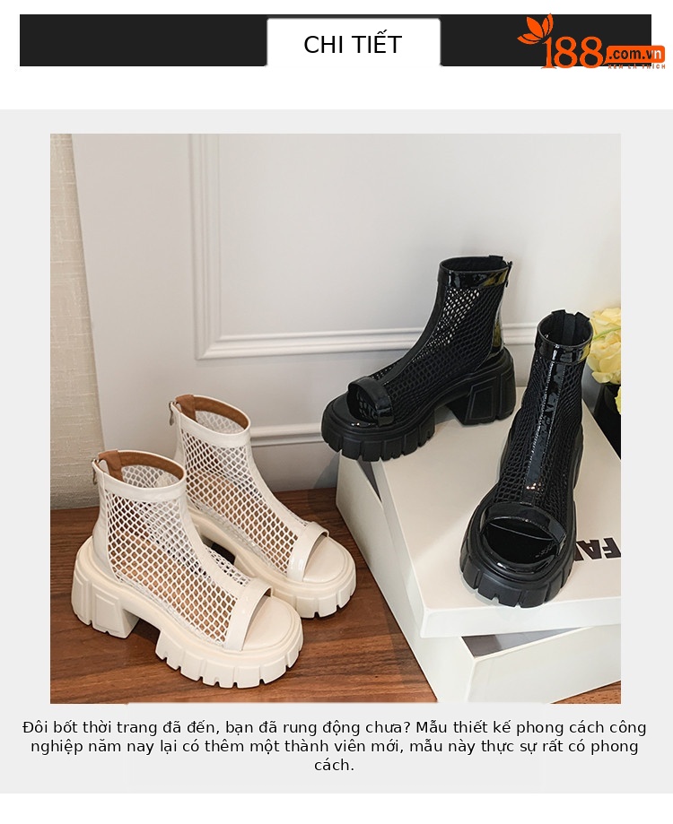 Giày boot lưới da thật mùa hè 2026 cổ thấp, gót thô 9 cm, đế tăng chiều cao, thoáng khí, hở mũi — đen, trắng chi tiết 4