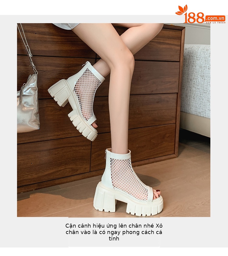 Giày boot lưới da thật mùa hè 2026 cổ thấp, gót thô 9 cm, đế tăng chiều cao, thoáng khí, hở mũi — đen, trắng chi tiết 7