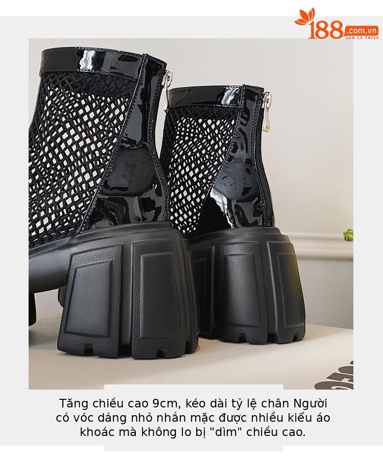 Giày boot lưới da thật mùa hè 2026 cổ thấp, gót thô 9 cm, đế tăng chiều cao, thoáng khí, hở mũi — đen, trắng chi tiết 8