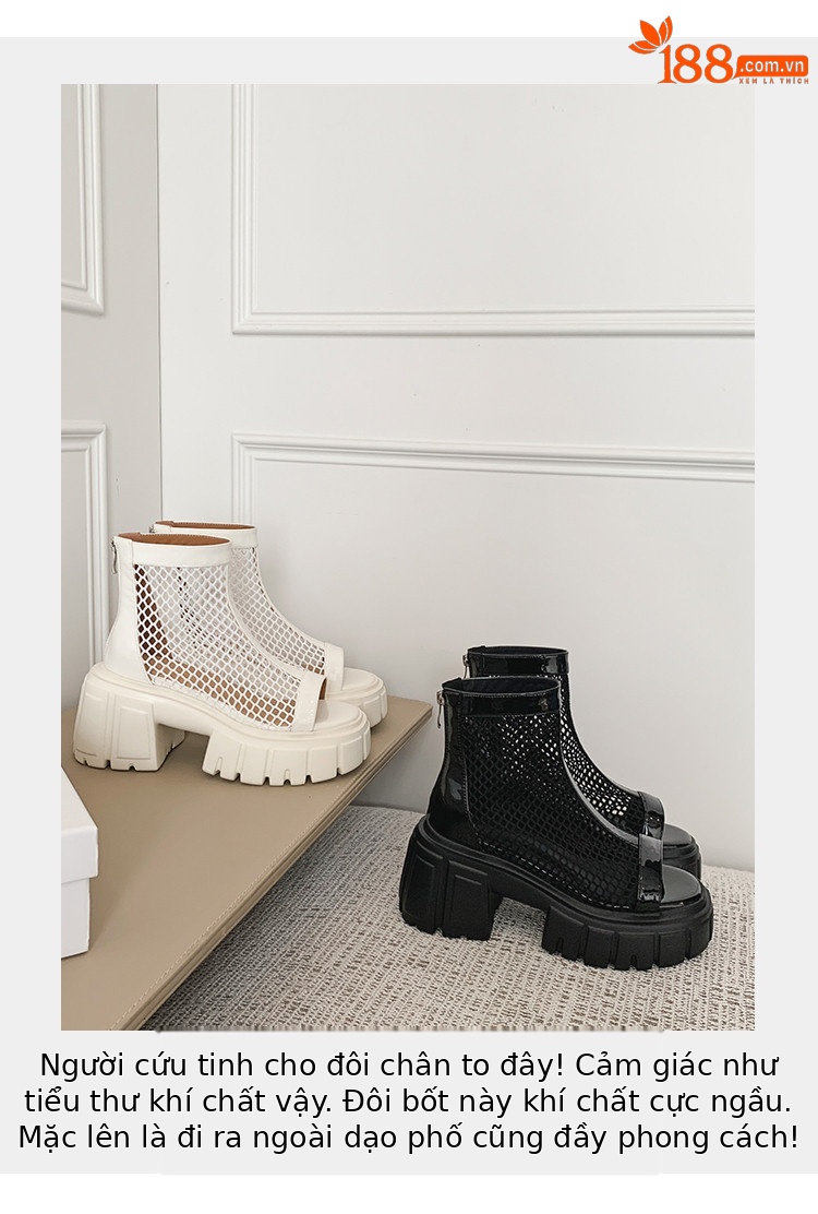Giày boot lưới da thật mùa hè 2026 cổ thấp, gót thô 9 cm, đế tăng chiều cao, thoáng khí, hở mũi — đen, trắng chi tiết 10