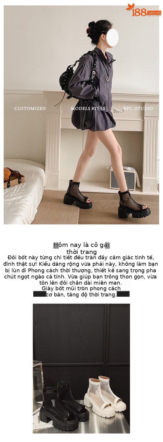Giày boot lưới da thật mùa hè 2026 cổ thấp, gót thô 9 cm, đế tăng chiều cao, thoáng khí, hở mũi — đen, trắng chi tiết 1