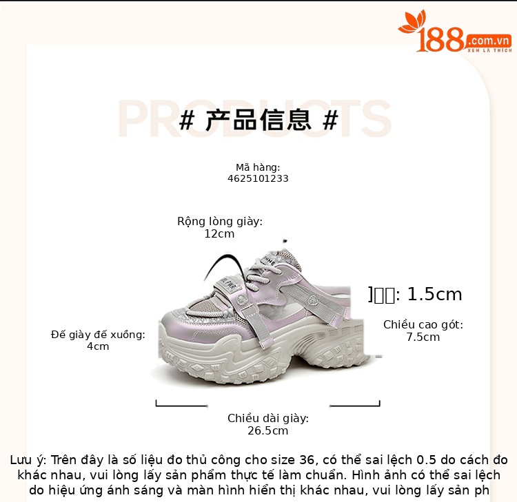 Giày sneaker nữ đế dày chunky mũi tròn hở gót lưới thoáng khí — 4625101233 cây lau nhà nửa trắng, 4625101233 Nửa kéo màu tím, 4625101233 màu tím, 4625101233m bạc chi tiết 1