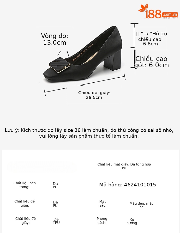 Giày cao gót nữ mũi vuông gót trung bình 2025 — 4624101015 màu đen, 4624101015m màu chi tiết 3