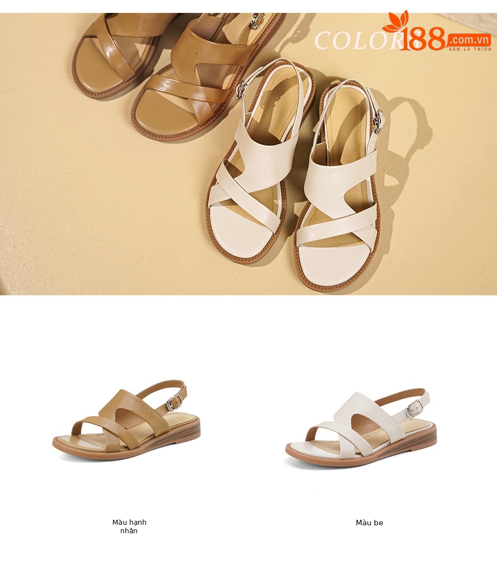 Sandal nữ quai ngang da bò đế bệt phong cách La Mã — Màu trắng nhạt chi tiết 5