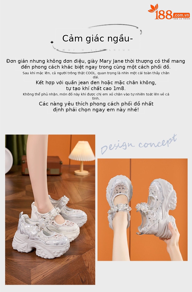 Giày Mary Jane nữ quai ngang đế dày đính đá rhinestone, gót siêu cao 8cm — Bạc, Trắng chi tiết 4