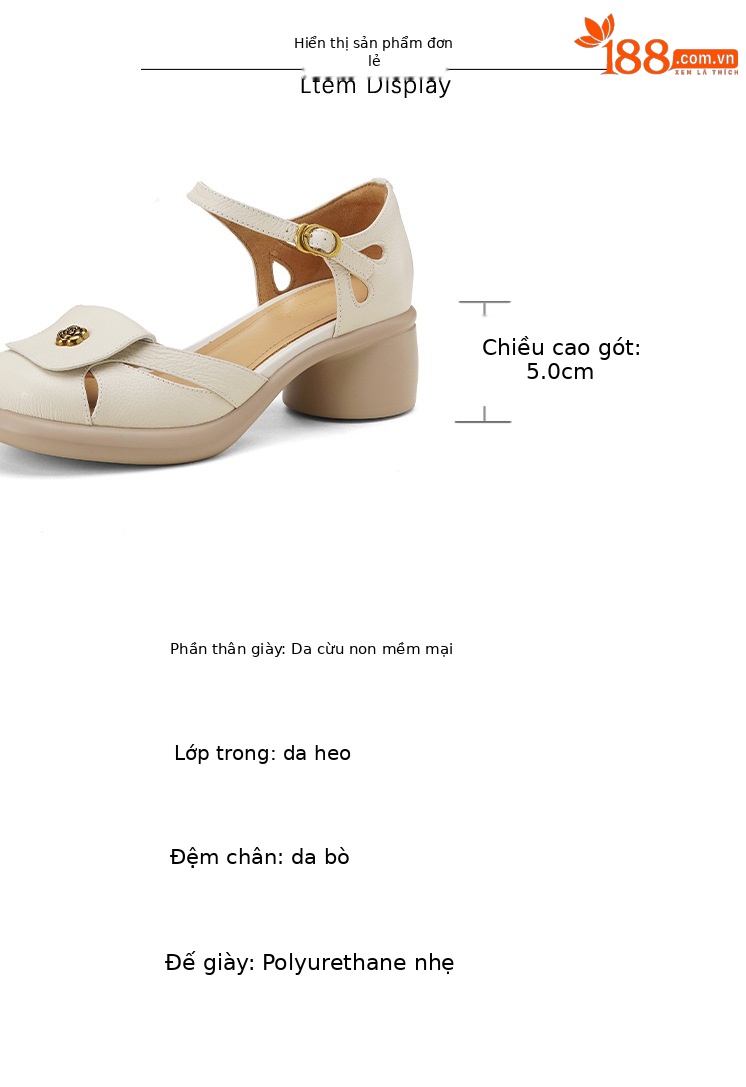 Sandal nữ đế dày 5cm gót hoa trà quai ngang khóa mũi — đen chi tiết 2