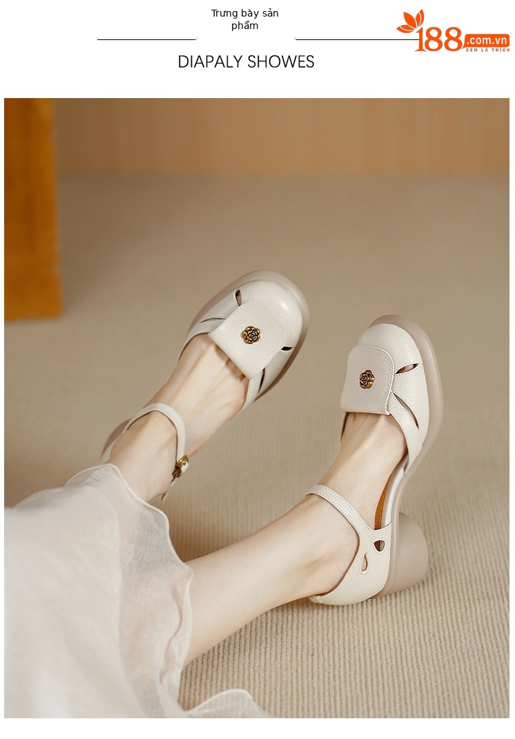 Sandal nữ đế dày 5cm gót hoa trà quai ngang khóa mũi — đen chi tiết 3