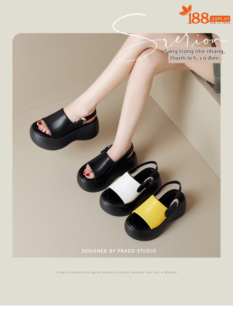 Sandal nữ đế dày quai ngang phối màu da thật mùa hè — Màu đen, Màu trắng, Màu vàng chi tiết 1