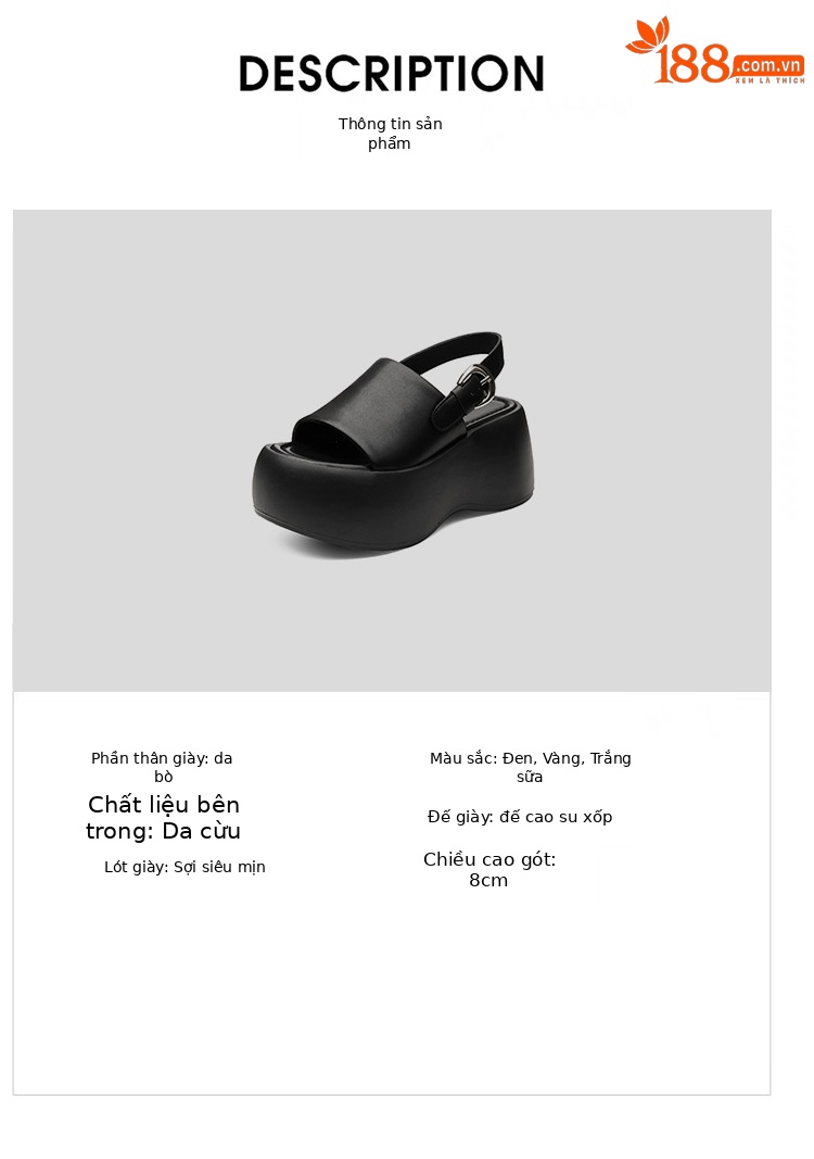 Sandal nữ đế dày quai ngang phối màu da thật mùa hè — Màu đen, Màu trắng, Màu vàng chi tiết 2