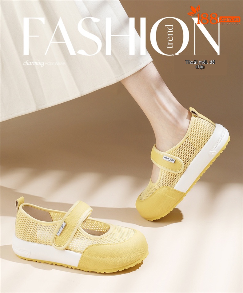 Giày Mary Jane lưới nữ quai ngang Velcro đế tăng chiều cao thoáng khí phong cách Đức — 7238 màu vàng, 7238m màu chi tiết 1