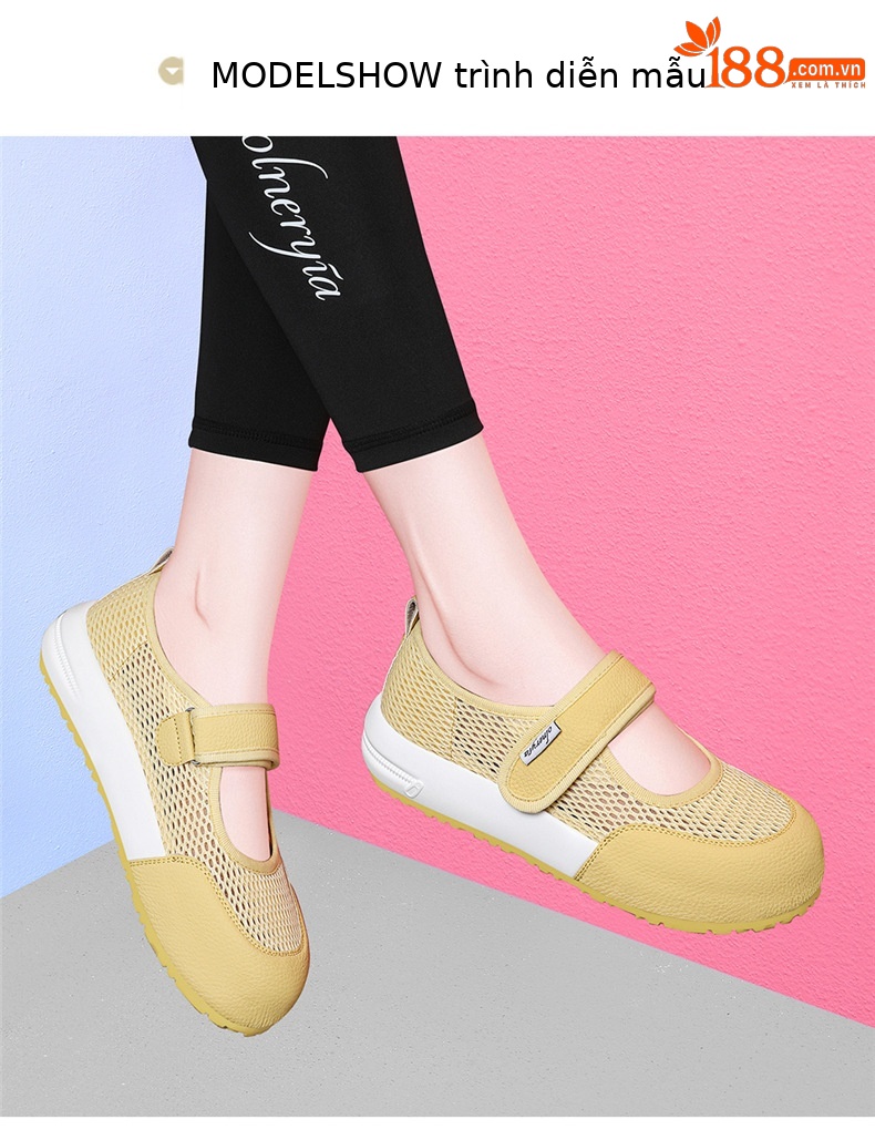 Giày Mary Jane lưới nữ quai ngang Velcro đế tăng chiều cao thoáng khí phong cách Đức — 7238 màu vàng, 7238m màu chi tiết 4