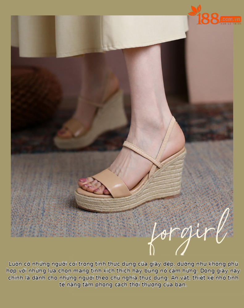 Sandal cao gót nữ hở mũi đế xuồng cói phong cách retro, gót platform 8 cm — nâu chi tiết 1