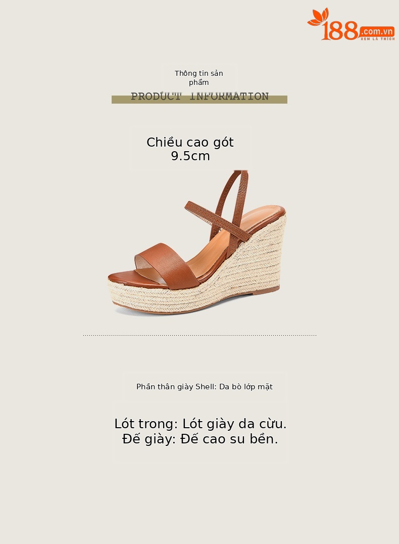 Sandal cao gót nữ hở mũi đế xuồng cói phong cách retro, gót platform 8 cm — nâu chi tiết 2