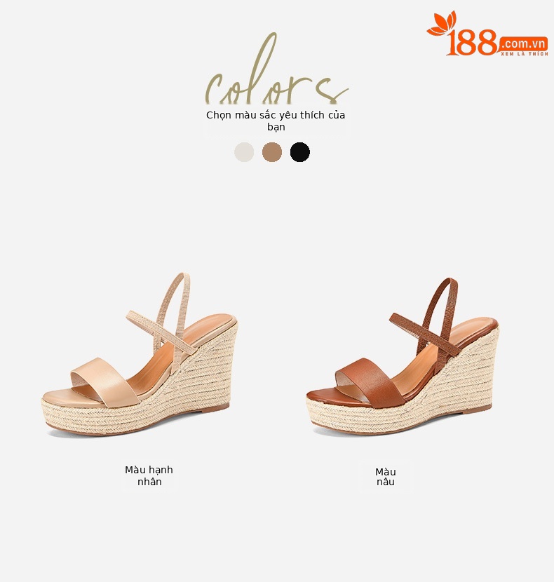 Sandal cao gót nữ hở mũi đế xuồng cói phong cách retro, gót platform 8 cm — nâu chi tiết 3