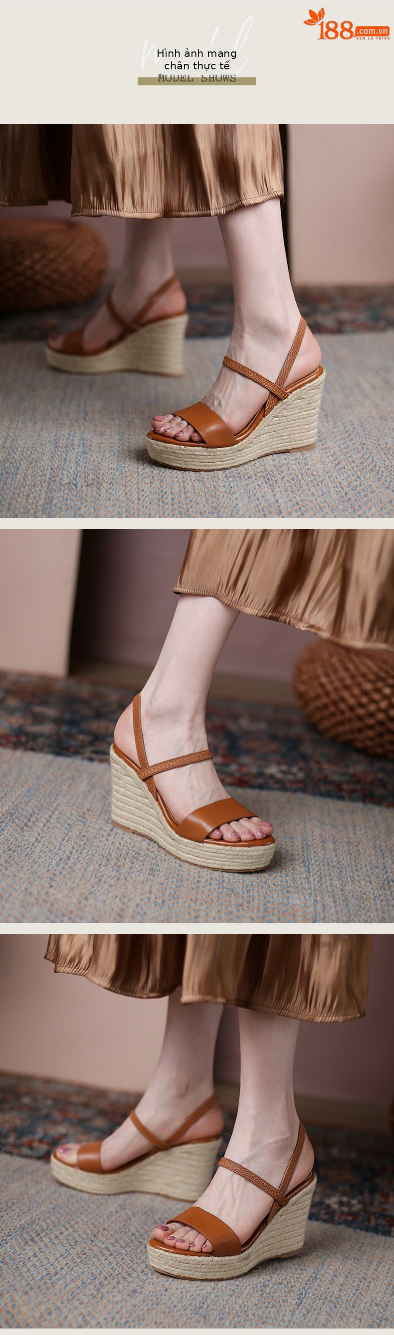 Sandal cao gót nữ hở mũi đế xuồng cói phong cách retro, gót platform 8 cm — nâu chi tiết 4