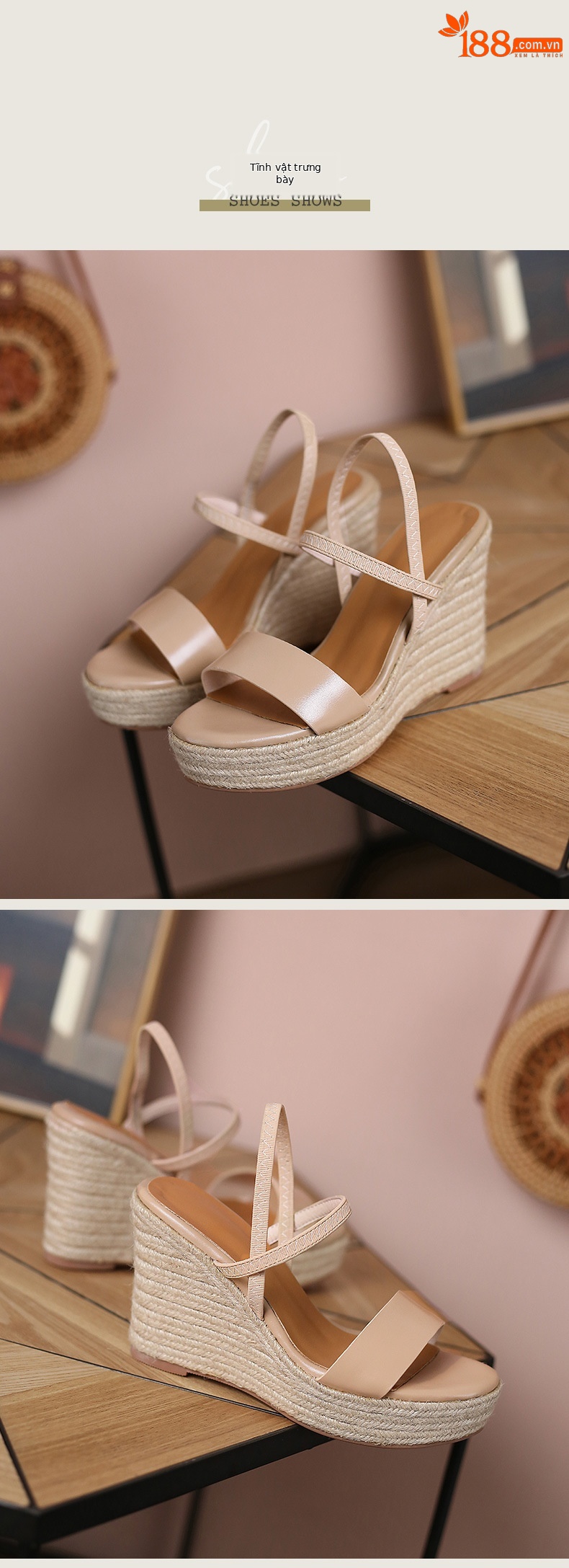 Sandal cao gót nữ hở mũi đế xuồng cói phong cách retro, gót platform 8 cm — nâu chi tiết 8