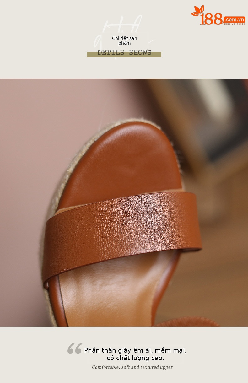 Sandal cao gót nữ hở mũi đế xuồng cói phong cách retro, gót platform 8 cm — nâu chi tiết 11