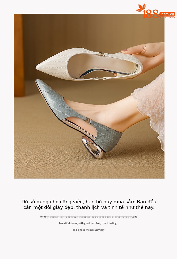Sandal nữ da cừu mũi nhọn kín mũi gót cao kiểu Pháp — đen, Màu trắng nhạt, xanh xám chi tiết 4