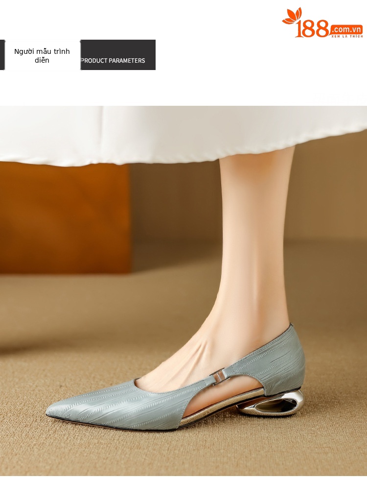Sandal nữ da cừu mũi nhọn kín mũi gót cao kiểu Pháp — đen, Màu trắng nhạt, xanh xám chi tiết 9