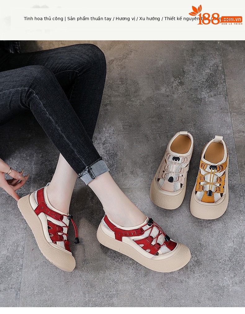 Sandal nữ đế bệt da thật khoét lỗ đầu to thoáng khí — Màu be chi tiết 1