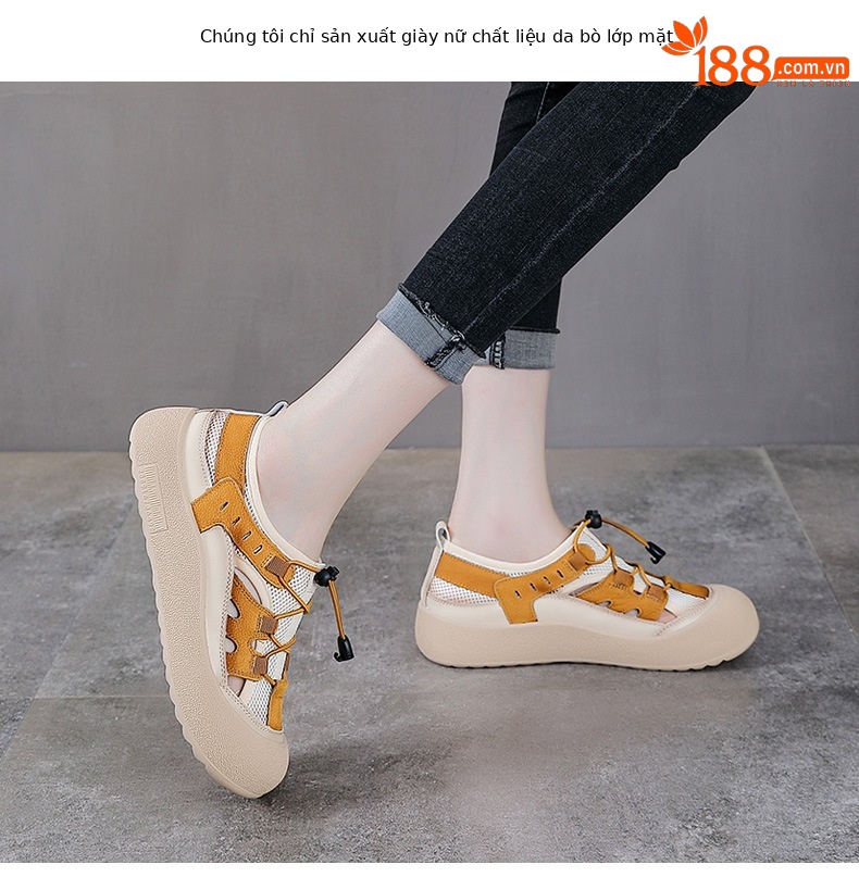 Sandal nữ đế bệt da thật khoét lỗ đầu to thoáng khí — Màu be chi tiết 2