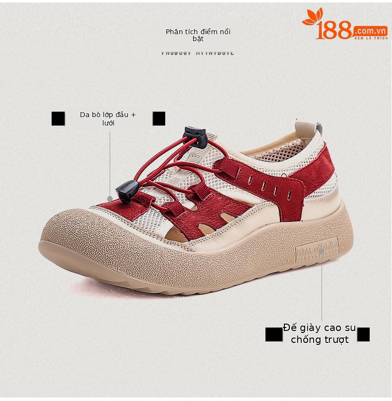 Sandal nữ đế bệt da thật khoét lỗ đầu to thoáng khí — Màu be chi tiết 3