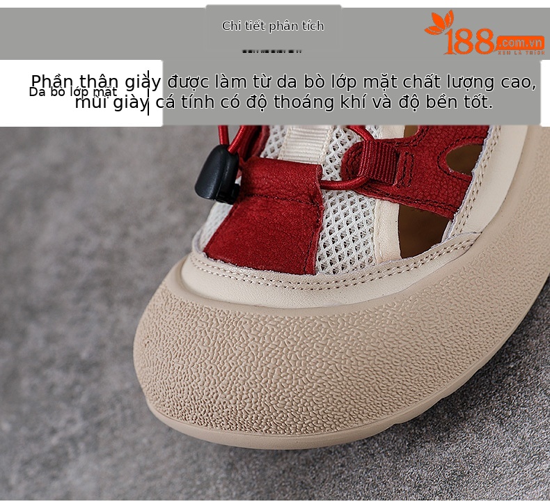 Sandal nữ đế bệt da thật khoét lỗ đầu to thoáng khí — Màu be chi tiết 4